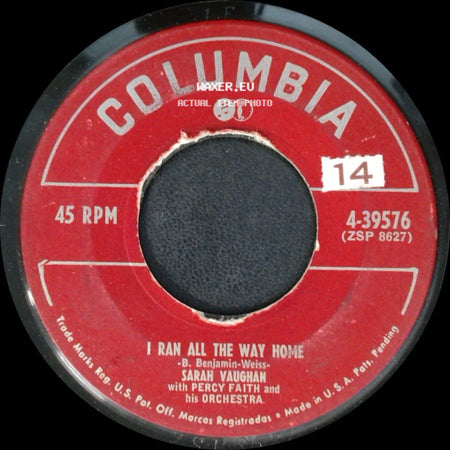 Sarah Vaughan With Percy Faith And His Orchestra - I Ran All The Way Home / Just A Moment More side A