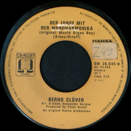 Bernd Clüver - Sie Kommt Wieder / Der Junge Mit Der Mundharmonika (Original: Mouth Organ Boy) side B
