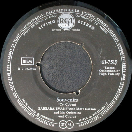 Barbara Evans With Mort Garson And His Orchestra And Chorus - Souvenirs / Pray For Me Mother side A