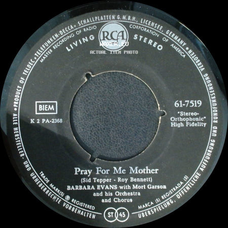 Barbara Evans With Mort Garson And His Orchestra And Chorus - Souvenirs / Pray For Me Mother side B