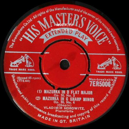 Vladimir Horowitz - Mazurka In D Flat Major / Mazurka In C Sharp Minor / Mazurka In F Minor, Op. 63, No. 2 / Mazurka In C Sharp Minor, Op. 63, No. 3 / Mazurka In F Sharp Minor, Op. 59, No. 3 side A
