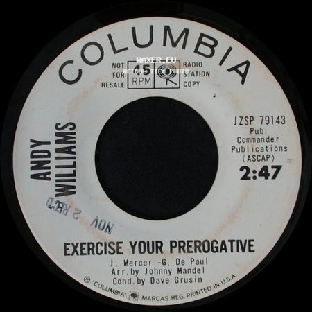 Andy Williams - Exercise Your Prerogative / Exercise Your Prerogative side B