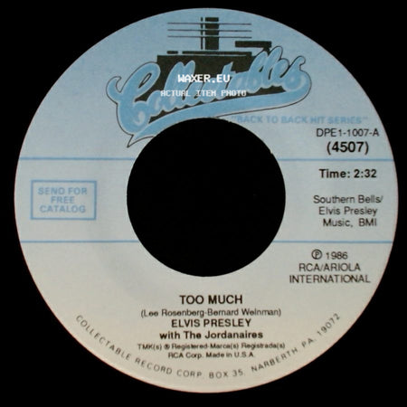 Elvis Presley With The Jordanaires - Playing For Keeps / Too Much side B