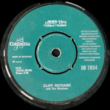 Cliff Richard And The Shadows With The Norrie Paramor Strings / Cliff Richard And The Shadows - I Wonder / Lucky Lips side B