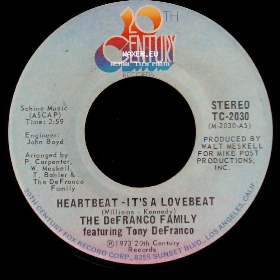 The Defranco Family Featuring Tony Defranco - Heartbeat - It's A Lovebeat / Sweet, Sweet Loretta side A