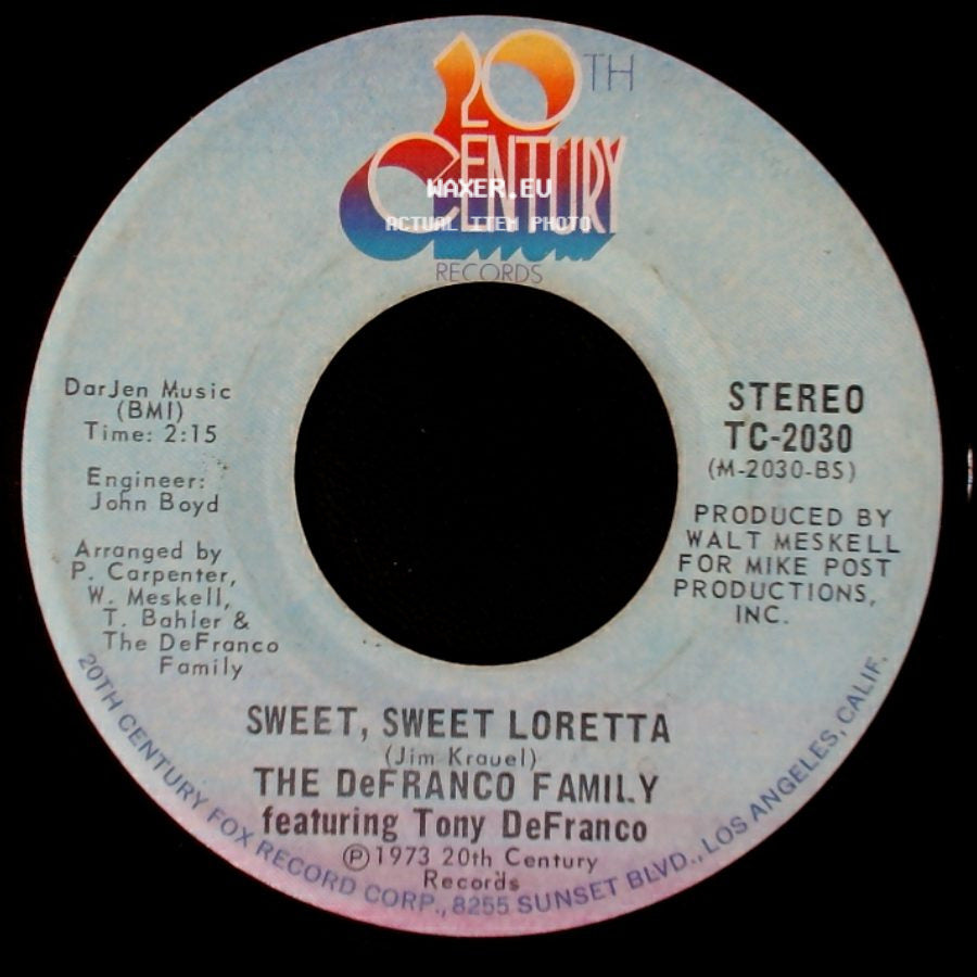 The Defranco Family Featuring Tony Defranco - Heartbeat - It's A Lovebeat / Sweet, Sweet Loretta side B