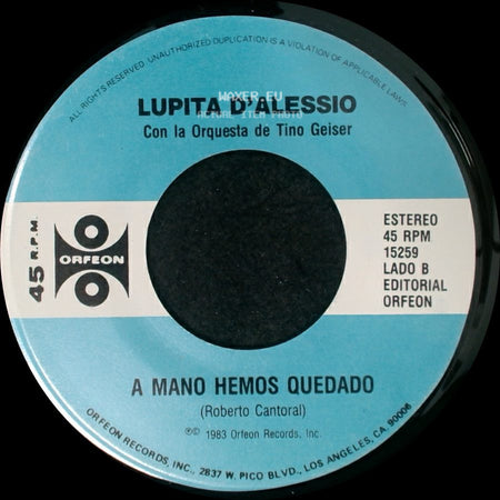 Lupita D'alessio Con La Orquesta De Chucho Ferrer / Lupita D'alessio - De Parte De Quien / A Mano Hemos Quedado side B