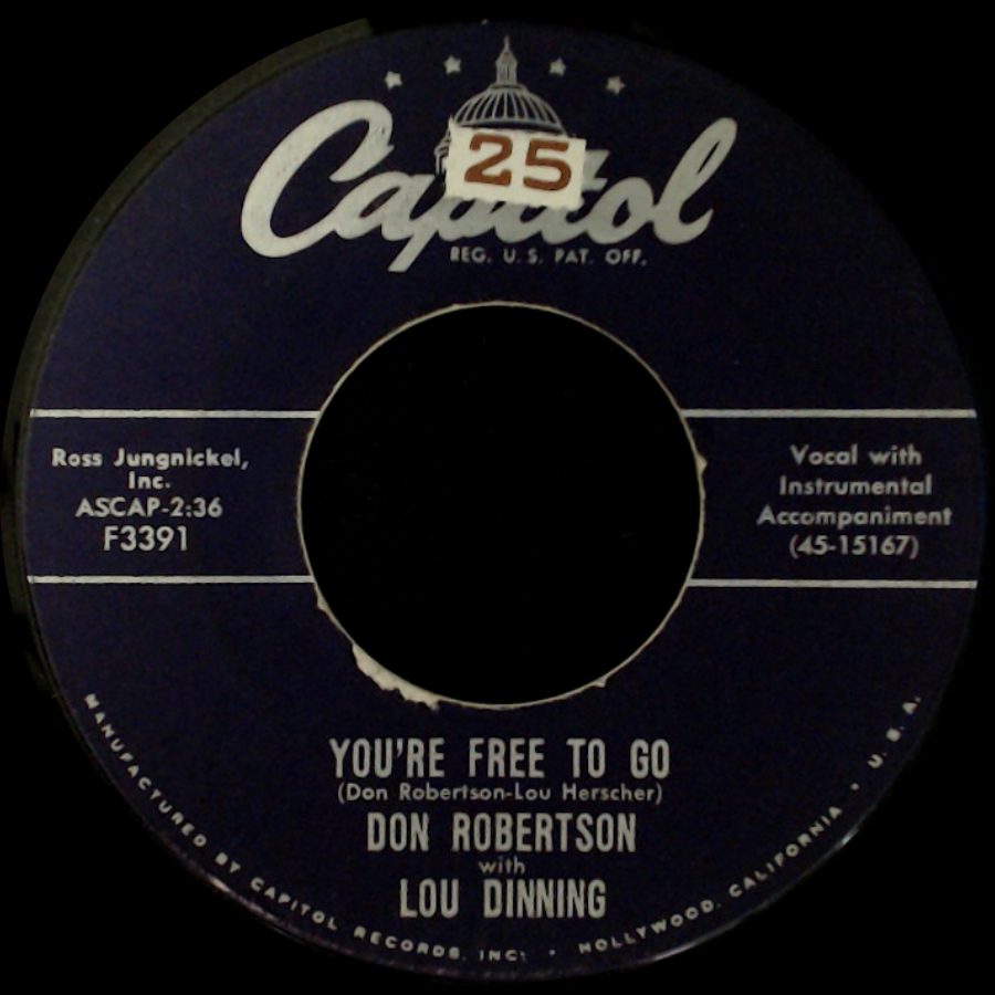 Don Robertson / Don Robertson With Lou Dinning - The Happy Whistler / You're Free To Go side B