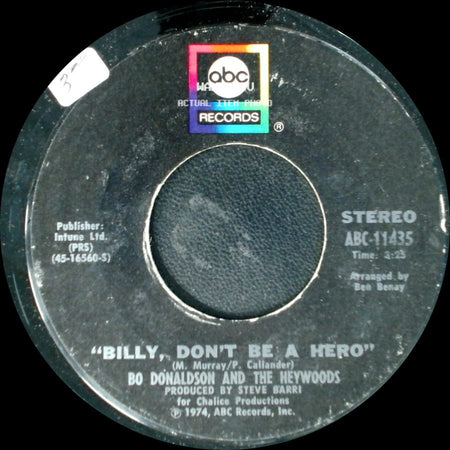 Bo Donaldson And The Heywoods - Don't Ever Look Back / Billy, Don't Be A Hero side B