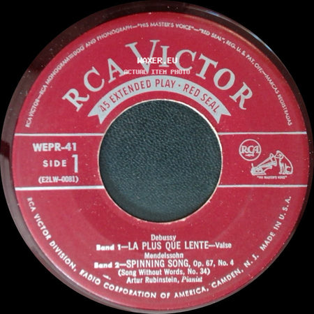 Debussy, Mendelssohn, Artur Rubinstein / Artur Rubinstein, Pianist - La Plus Que Lente - Valse / Spinning Song, Op. 67, No. 4 / Valse Oubliée No. 1 / Prelude In C-Sharp Minor side A