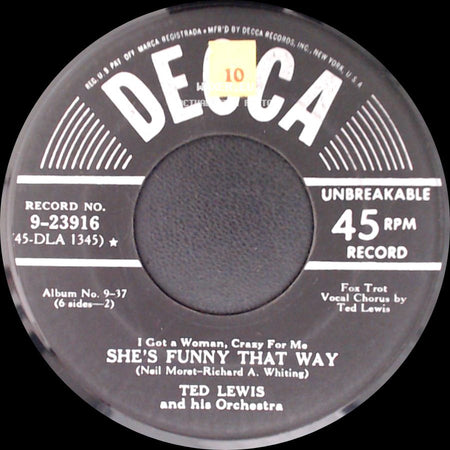Ted Lewis And His Orchestra - She's Funny That Way / When My Baby Smiles At Me side A