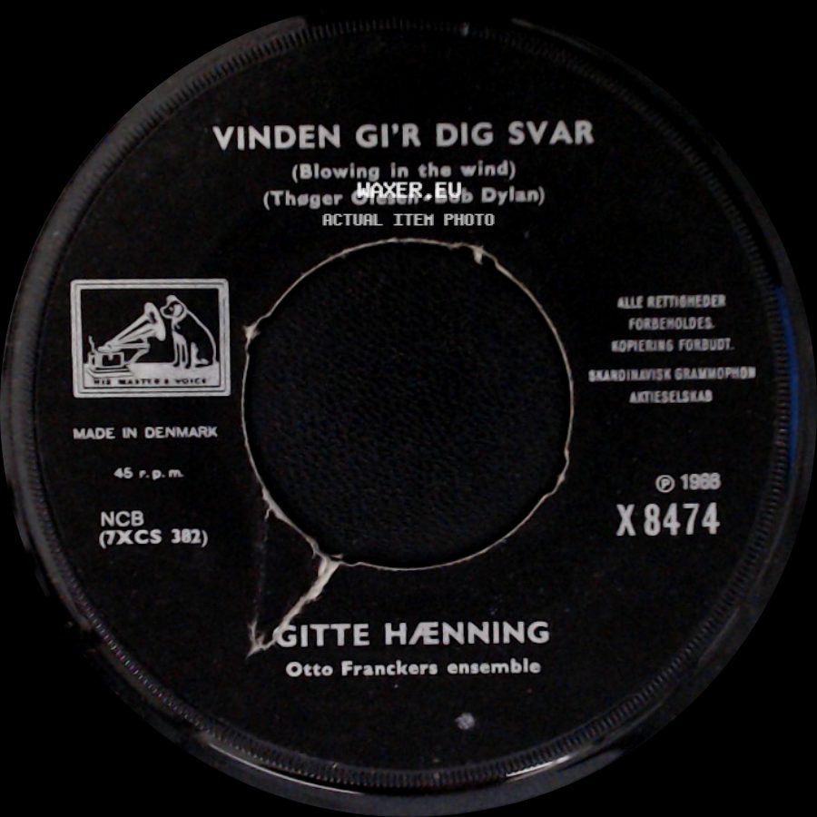 Gitte Hænning - Et Sted For Os Selv (A World Of Our Own) / Vinden Gi'r Dig Svar (Blowing In The Wind) side B