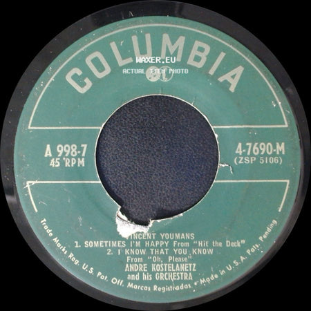 Vincent Youmans / Andre Kostelanetz And His Orchestra - Sometimes I'm Happy / I Know That You Know / Tea For Two side A