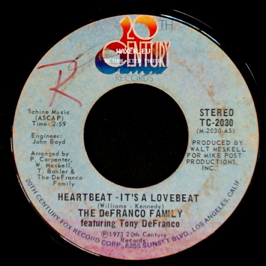 The Defranco Family Featuring Tony Defranco - Heartbeat - It's A Lovebeat / Sweet, Sweet Loretta side A