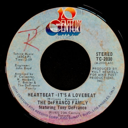 The Defranco Family Featuring Tony Defranco - Heartbeat - It's A Lovebeat / Sweet, Sweet Loretta side A