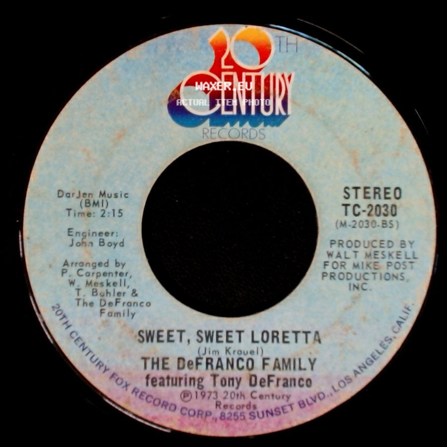 The Defranco Family Featuring Tony Defranco - Heartbeat - It's A Lovebeat / Sweet, Sweet Loretta side B