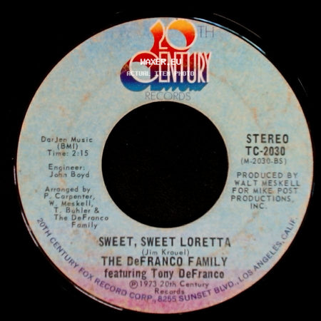 The Defranco Family Featuring Tony Defranco - Heartbeat - It's A Lovebeat / Sweet, Sweet Loretta side B