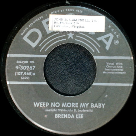 Brenda Lee - Weep No More My Baby / Sweet Nothin's side A
