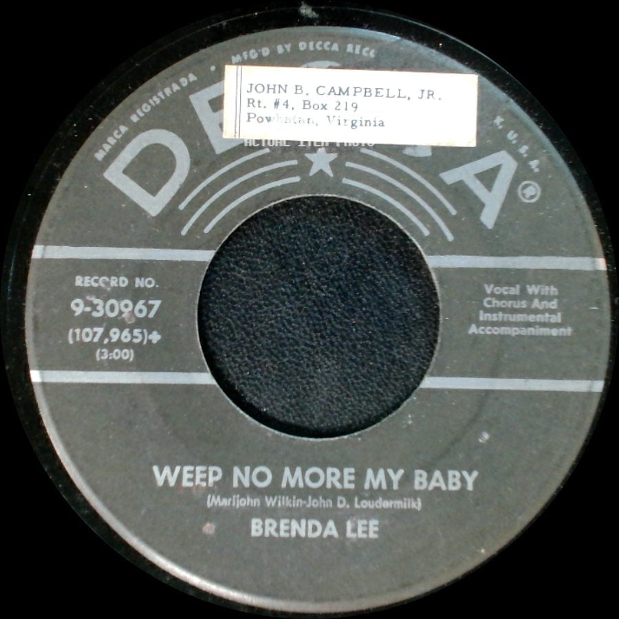 Brenda Lee - Weep No More My Baby / Sweet Nothin's side A