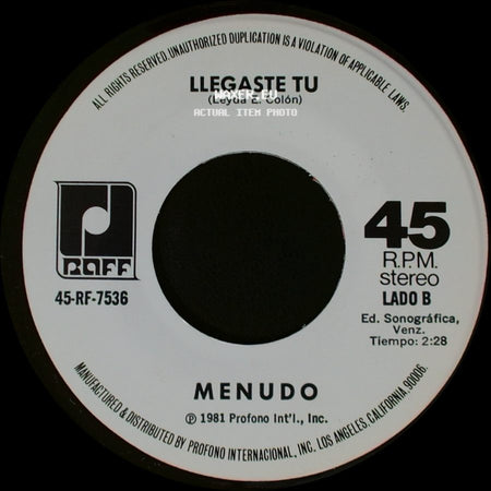Menudo - Fuego / Llegaste Tu side B