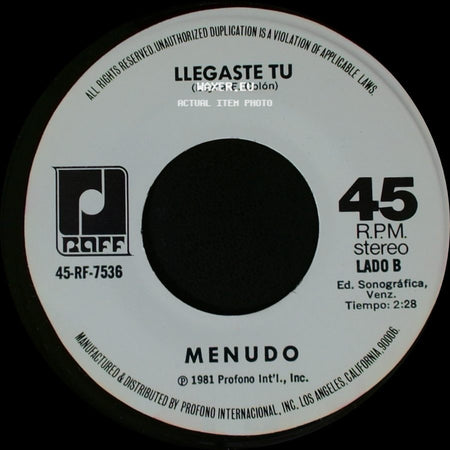 Menudo - Fuego / Llegaste Tu side B