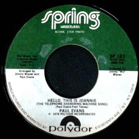 Paul Evans - Lullabye Tissue Paper Co. / Hello, This Is Joannie (The Telephone Answering Machine Song) side B
