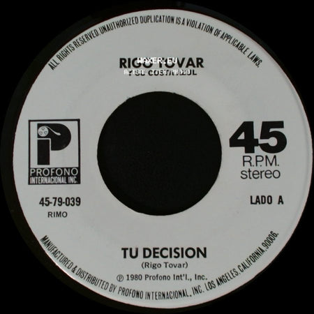 Rigo Tovar Y Su Costa Azul - Tu Decision / Caprichosa side A