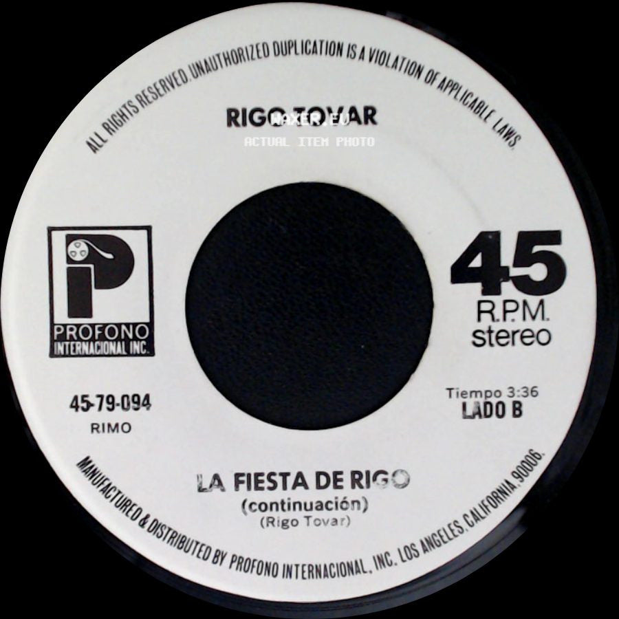 Rigo Tovar - La Fiesta De Rigo / La Fiesta De Rigo (Continuación) side B