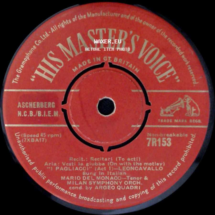 Mario Del Monaco - Miun Mi Tema (Do Not Fear Me) / Recit: Recitart (To Act) Aria: Vesti La Giubba (On With The Motley) "I Pagliacci" (Act 1) - Leoncavallo side B