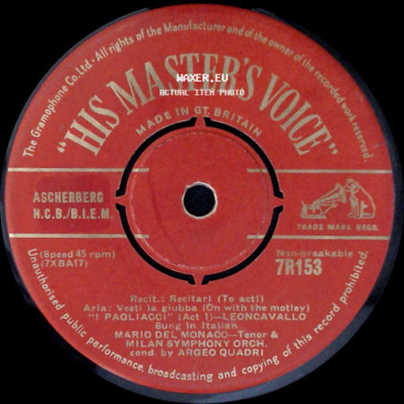Mario Del Monaco - Miun Mi Tema (Do Not Fear Me) / Recit: Recitart (To Act) Aria: Vesti La Giubba (On With The Motley) "I Pagliacci" (Act 1) - Leoncavallo side B