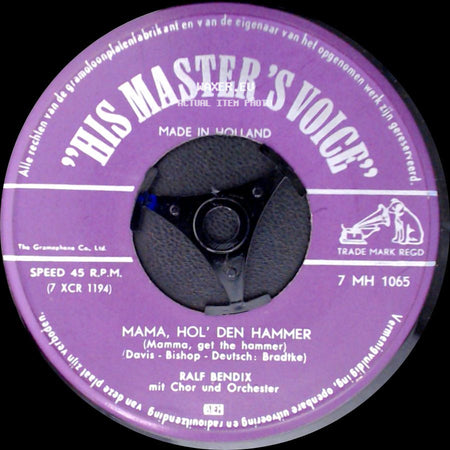 Ralf Bendix Und Orchester / Ralf Bendix Mit Chor Und Orchester - Striptease - Susi (I'm Married With A Striptease-Dancer) / Mama, Hol' Den Hammer (Mamma, Get The Hammer) side B