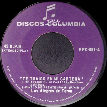 Los Alegres De Teran - Te Traigo En Mi Cartera / Te Traigo En Mi Cartera side B
