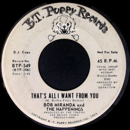 Bob Miranda And The Happenings - That's All I Want From You / That's All I Want From You side A