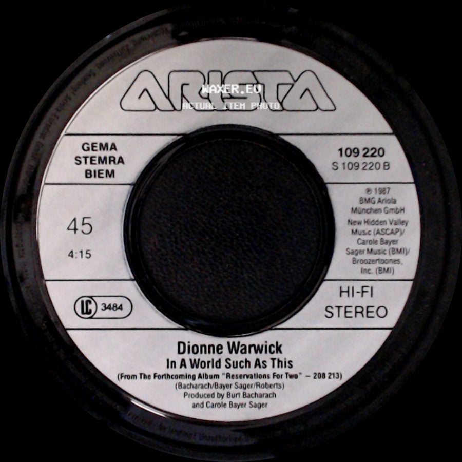 Dionne Warwick & Jeffrey Osborne / Dionne Warwick - Love Power / In A World Such As This side B