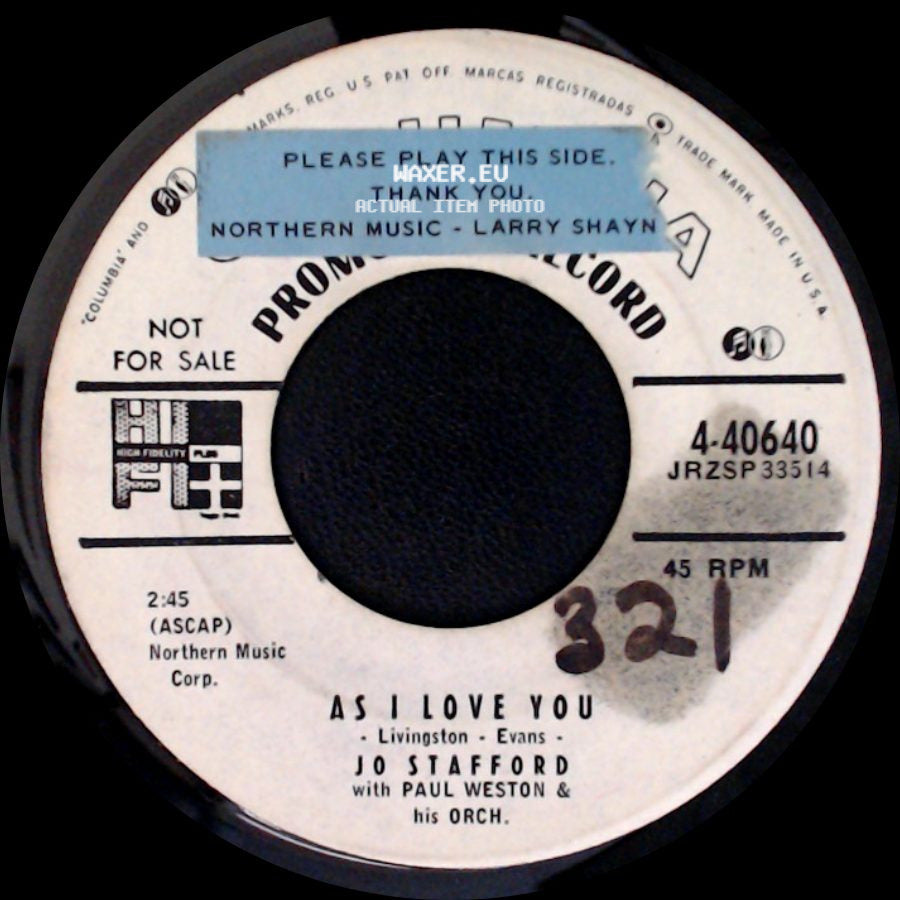 Jo Stafford With Paul Weston & His Orch. - As I Love You / All Night Long side A