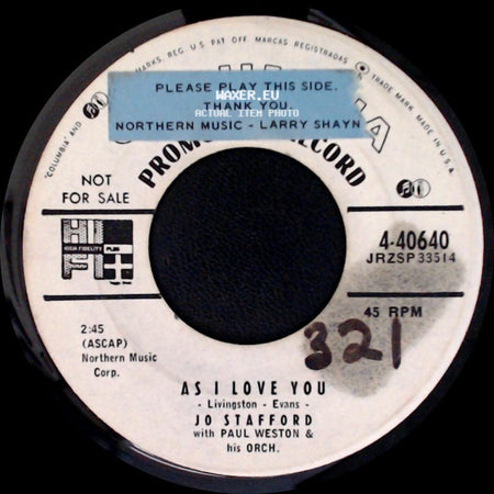 Jo Stafford With Paul Weston & His Orch. - As I Love You / All Night Long side A