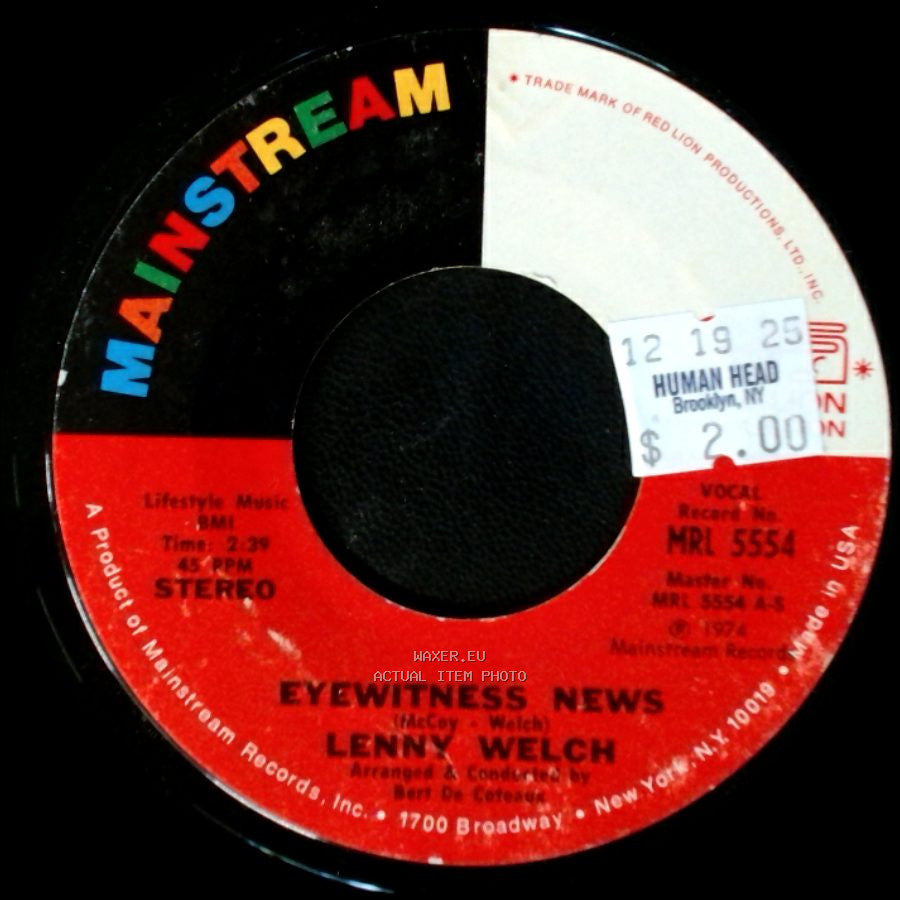 Lenny Welch - I Need You More (Than Ever Now) / Eyewitness News side B