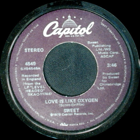 Sweet - Cover Girl / Love Is Like Oxygen side B