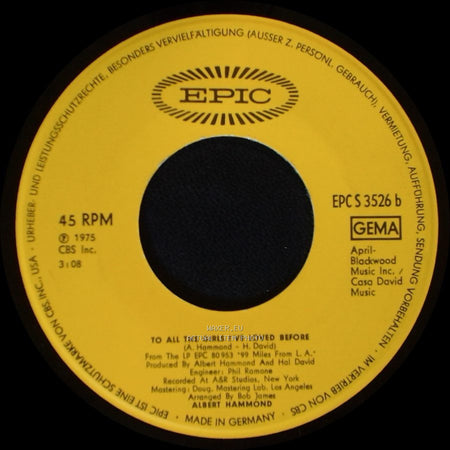 Albert Hammond - Down By The River (Newly Recorded Version) / To All The Girls I've Loved Before side B