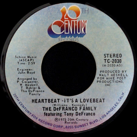 The Defranco Family / The Defranco Family Featuring Tony Defranco - Heartbeat - It's A Love Beat / Sweet, Sweet Loretta side A