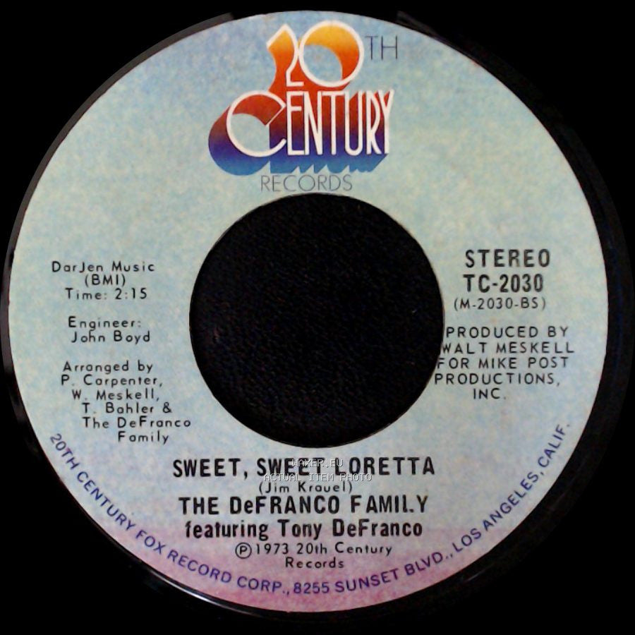 The Defranco Family / The Defranco Family Featuring Tony Defranco - Heartbeat - It's A Love Beat / Sweet, Sweet Loretta side B