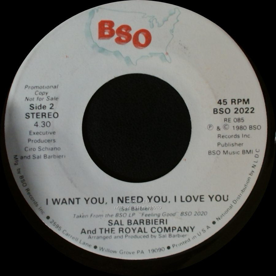 Sal Barbieri And The Royal Company - Feeling Good / I Want You, I Need You, I Love You side B
