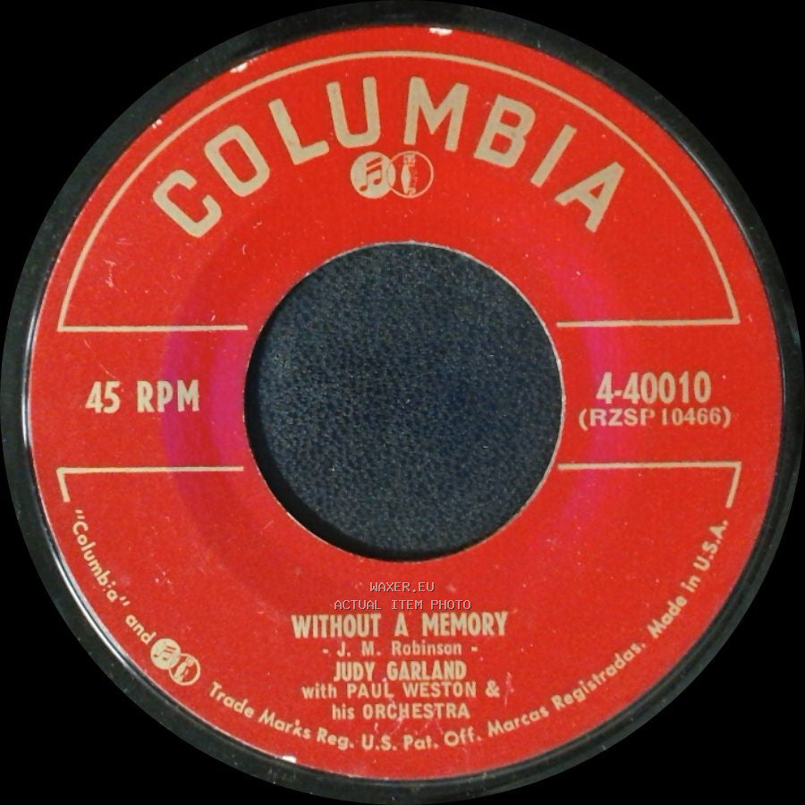 Judy Garland With Paul Weston & His Orchestra - Without A Memory / Send My Baby Back To Me side A