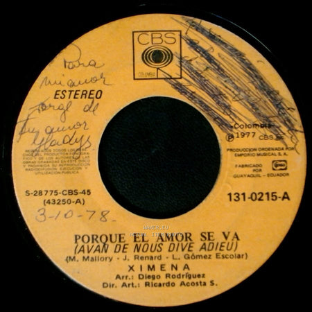 Ximena - Cuando Te Perdi (When I Wanted You) / Porque El Amor Se Va (Avan De Nous Dive Adieu) side B