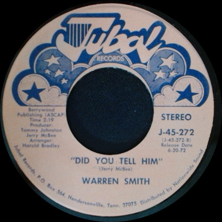 Warren Smith - I Don't Believe I'll Fall In Love Today / Did You Tell Him side B