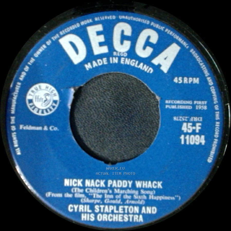 Cyril Stapleton And His Orchestra - Nick Nack Paddy Whack (The Children's Marching Song) / The Inn Of The Sixth Happiness side A