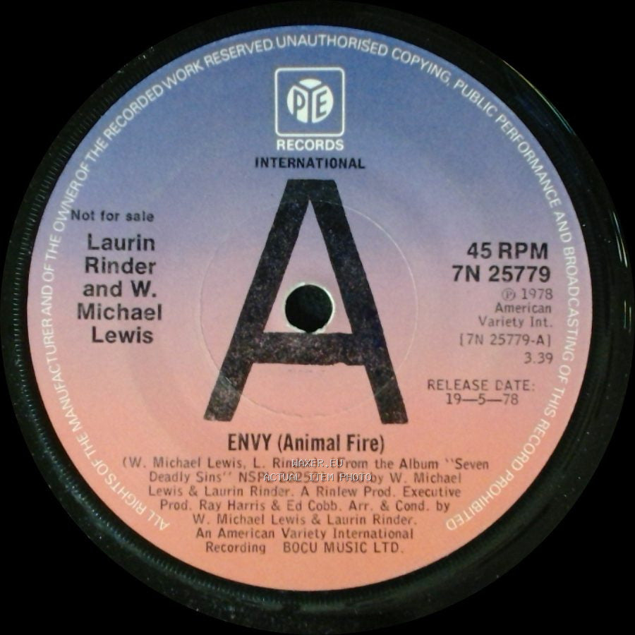 Laurin Rinder And W. Michael Lewis - Envy (Animal Fire) / Lust side A