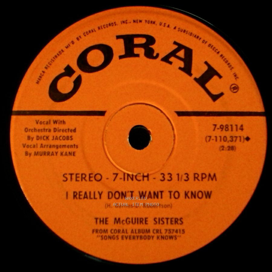 The Mcguire Sisters - White Rose / I Really Don't Want To Know side B