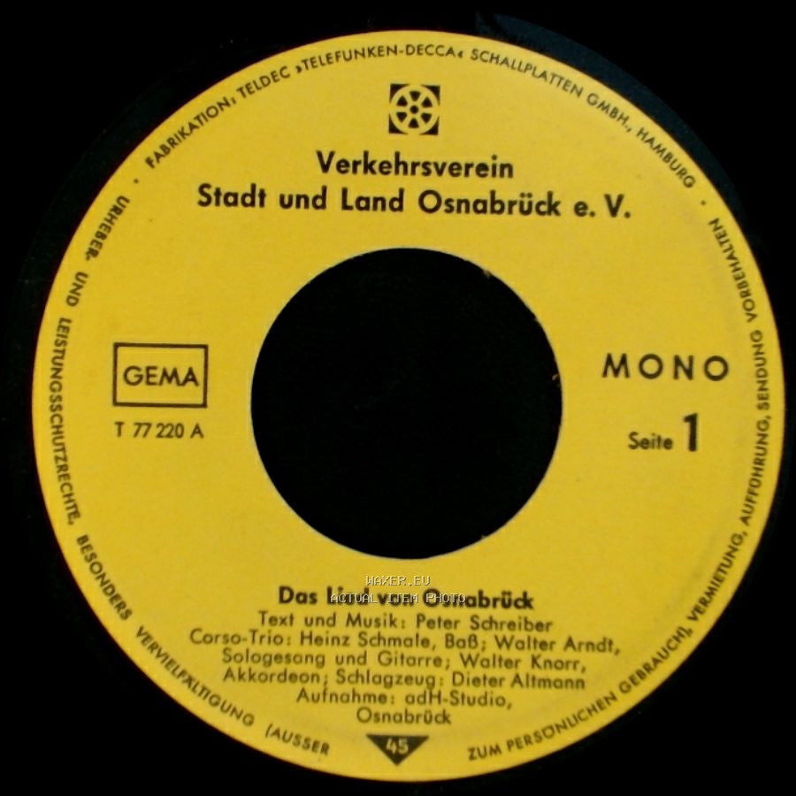 Verkehrsverein Stadt Und Land Osnabrück E. V. - Das Lied Von Osnabrück / Besuch Mich Doch Einmal In Osnabrück side A