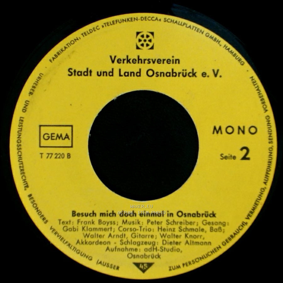 Verkehrsverein Stadt Und Land Osnabrück E. V. - Das Lied Von Osnabrück / Besuch Mich Doch Einmal In Osnabrück side B